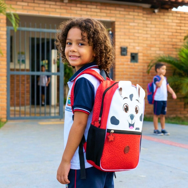 mochila infantil dálmata vermelho e branco com estampa divertida para crianças, mochila escolar infantil com design de dálmata
