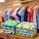 Mulher mostrando o tecido e a elasticidade de uma cueca slip infantil estampada