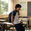 Estudando dentro da sala de aula, sentado com a mochila preta, conversando com os colegas