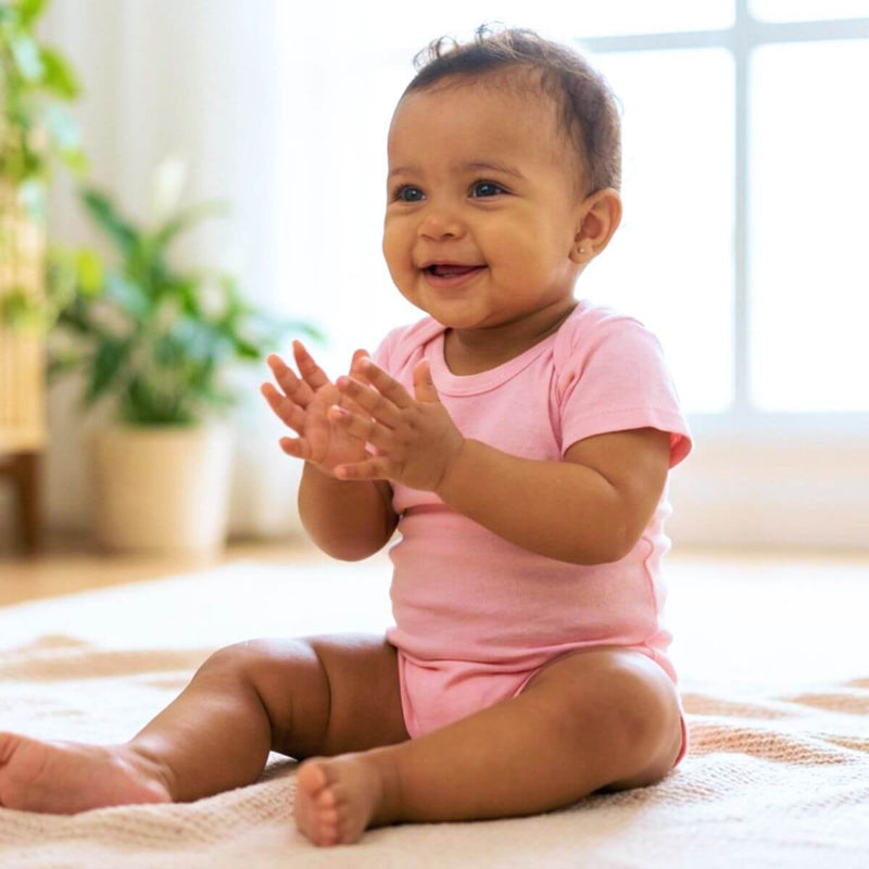Três bodies de bebê lisos estendidos lado a lado: um magenta, um branco e um verde água.