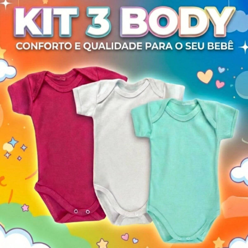 Banner promocional escrito Kit 3 Body exibindo três bodies de bebê de manga curta nas cores rosa escuro, branco e verde claro