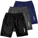 Foto de produto mostrando trio de shorts de futebol para meninos com acabamento brilhante.