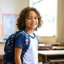 Menino, dentro da sala de aula, usando a mochila do astronauta.