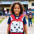 mochila infantil com estampa de dálmata vermelho e branco, mochila escolar para crianças com design lúdico
