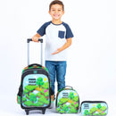 conjunto de material escolar estampa pixel verde com mochila, estojo e lancheira.