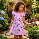 menina usando vestido infantil na cor de lilás com borboleta